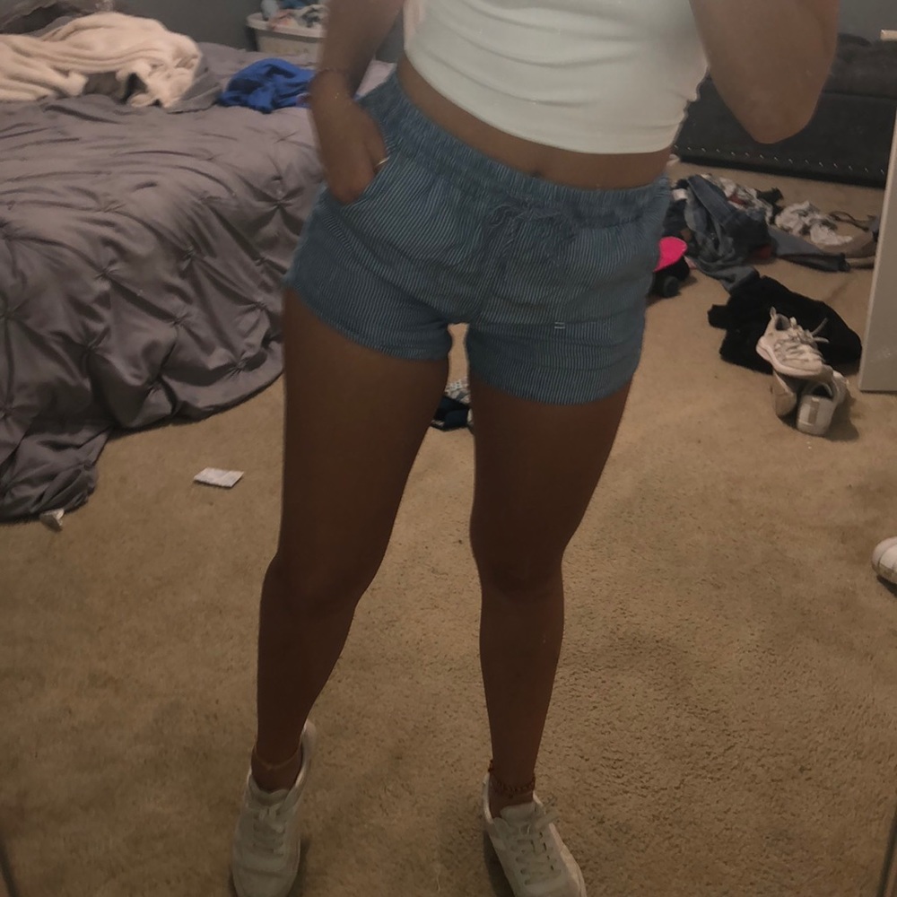 Blue and white stripe chambray shorts